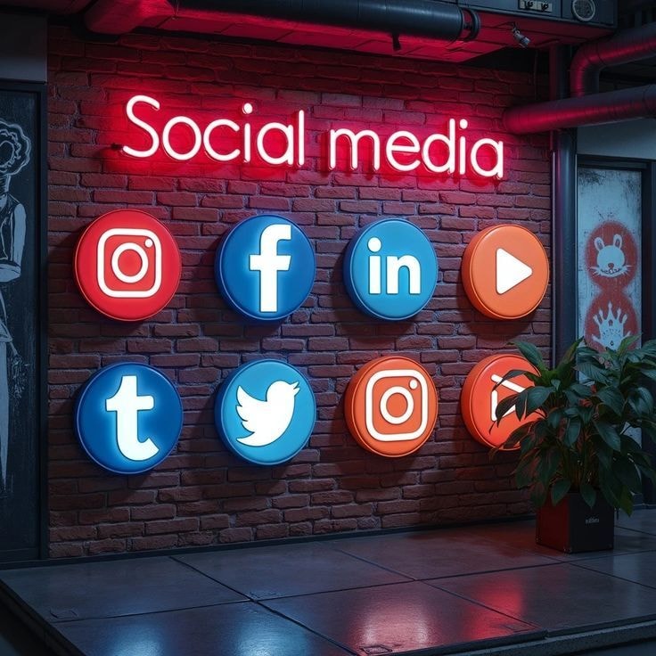 Neon social icons on a brick wall, suggesting brand visibility and social presence